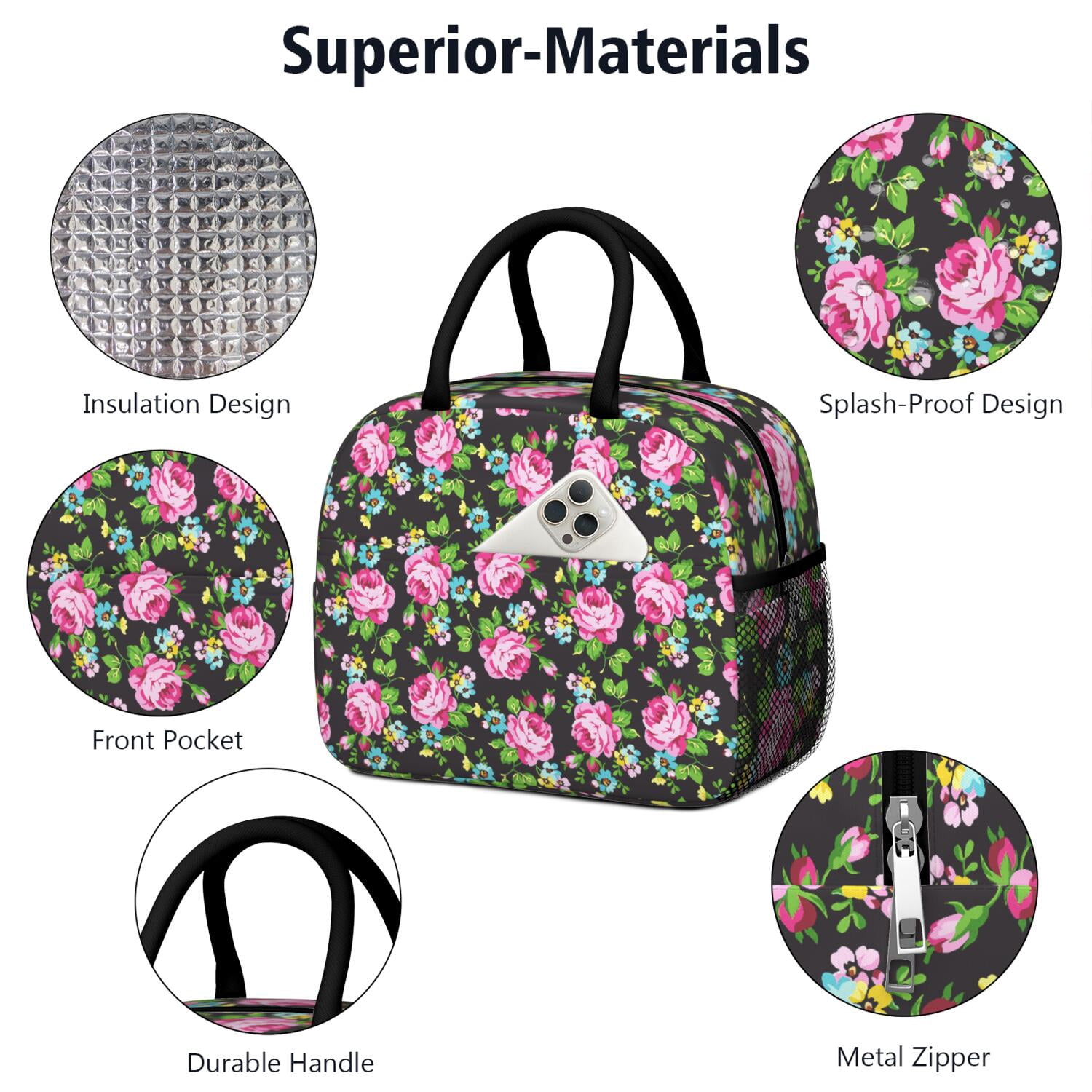 Wildflower Lunch Bag for Women – Large Reusable Thermal Insulated Tote for Outdoor, Office, and Healthy Eating Enthusiasts