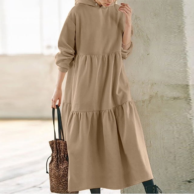 FcBaudy Robe à Capuche, Robes de Printemps pour Femmes, Robes pour Femmes Robe à Capuche pour Femme Col Uni Manches Longues Robe Ample Longue Robe avec Poches Robe pour Femme