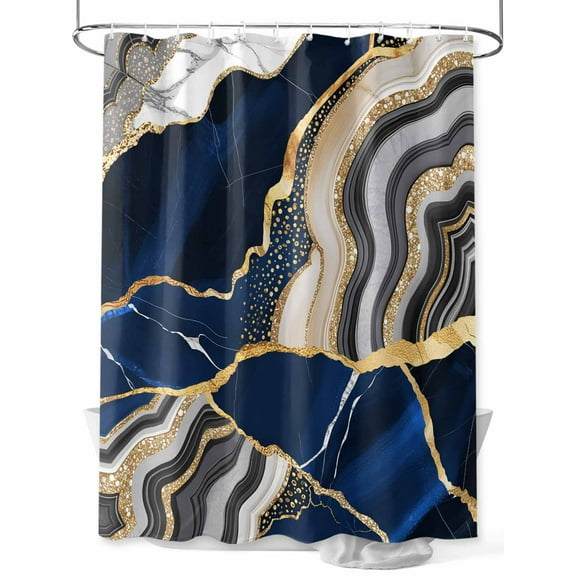 Shower Curtain Blue Marble Texture Bathroom Curtains with Hooks, Waterproof Fabric Abstract Gold Fluid Bath Shower Curtains Set for Bathroom Bathtubs Decor 36x72 Inch