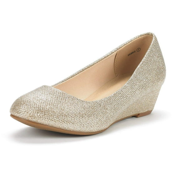 DREAM PAIRS Women's Debbie Mid Wedge Heel Pump Shoes,Size 9,Gold/Glitter,Debbie