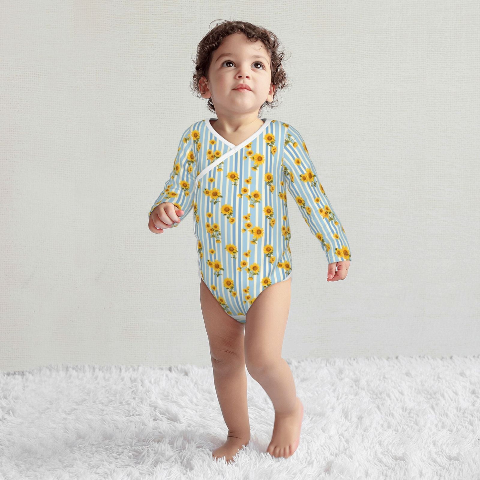 Xecao Blue White Striped Sunflower Print Baby unisex-baby Cotton Long-sleeve Bodysuits-18 Months