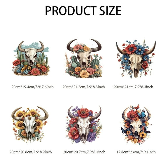 1set 6 pcs Flower Cows Skull Iron on Decals Patches Western style Cactus Butterfly Plastic Heat Transfer Stickers for T-Shirts Bags Clothing Decorations