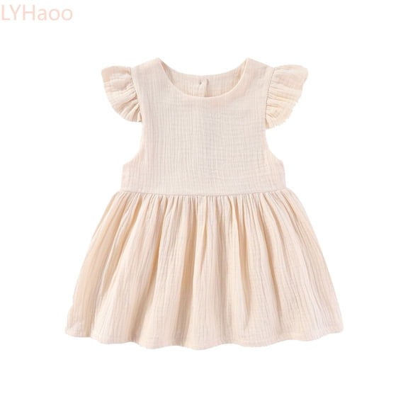 LYHaoo Toddler Girls Fly Sleeve Holiday Party Solid Dress Dance Party Princess Dresses,Girls A-Line Dresses Sizes 18-24 Months Beige