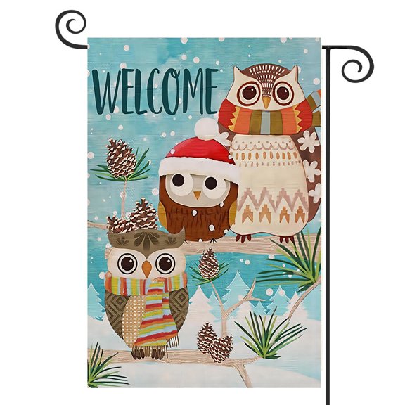 DMERBYL Home Decorative Welcome Winter Garden Flag, Christmas Holiday House Yard Snow Owls Decor Sign, Xmas Outside Decoration Seasonal Farmhouse Outdoor Small Burlap Flag Double Sided 12 x 18