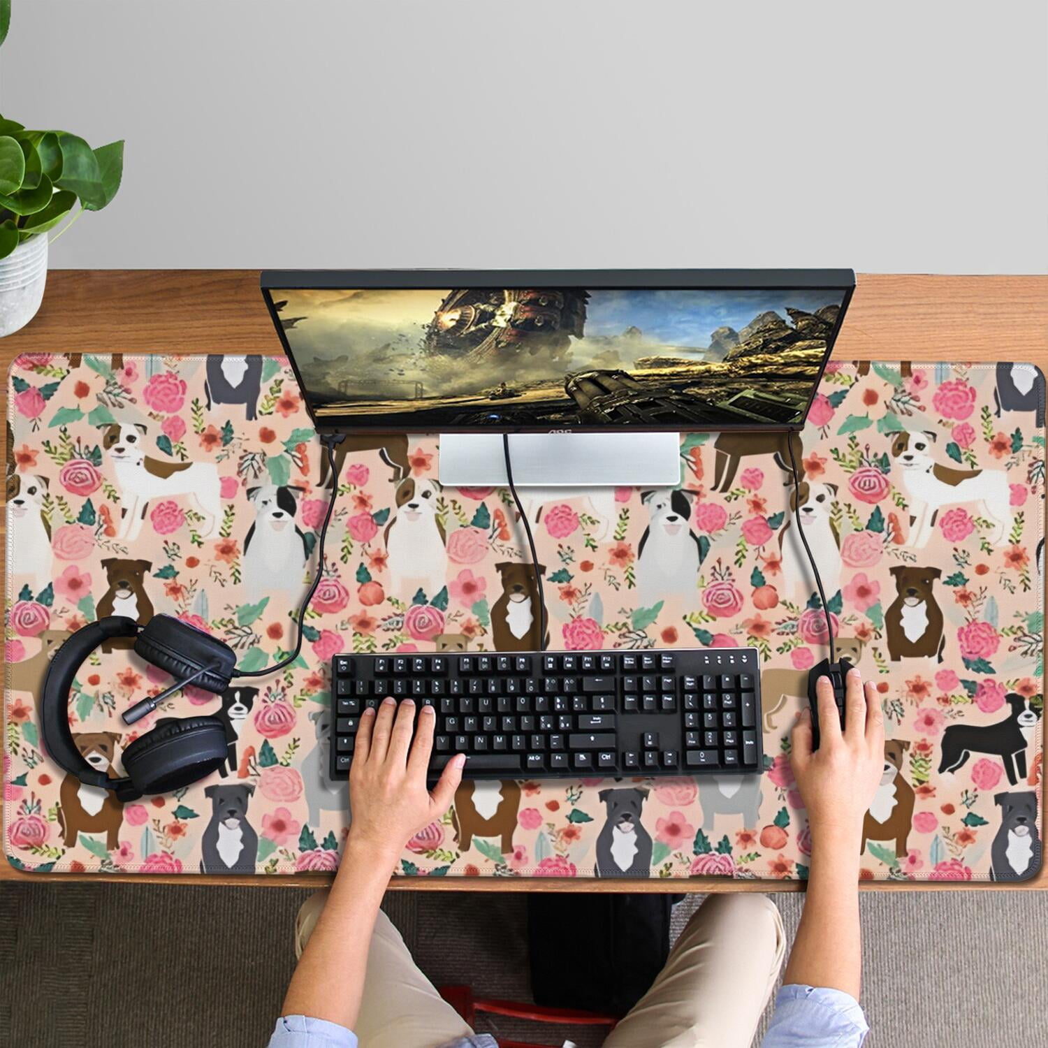 Long Mouse Pads for Desk,Boston Terrier Dogs with Pioneer Flower Desk Mats on Top Of Desks, Desk Mouse Pad Extra Large with 3mm Non-Slip Base and Stitched Edge for Gaming,Office,Work,Home 47.3"x23.6"