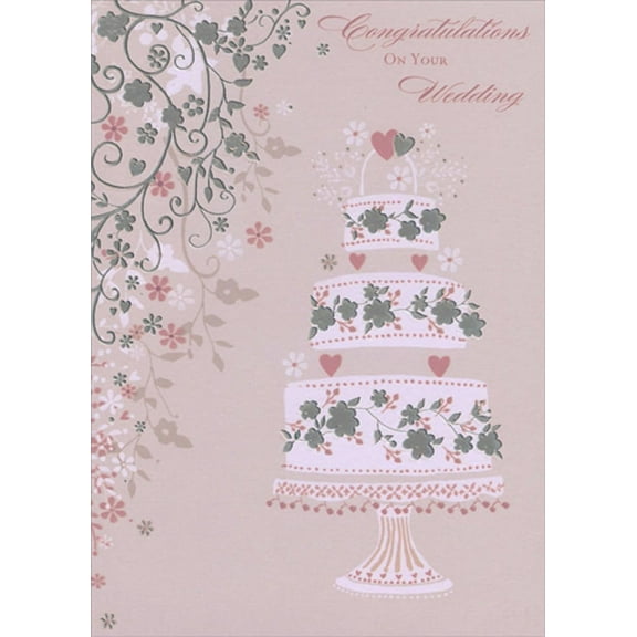 Designer Greetings Three Tiered Cake with Silver Flower Accents Congratulations Wedding Card