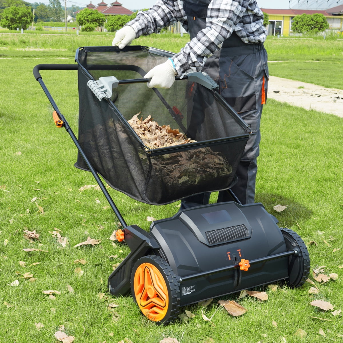 21 Inch Hand Push Yard Debris Cleaner Dual Rotary Brushes Large Capacity Lawn Sweeper