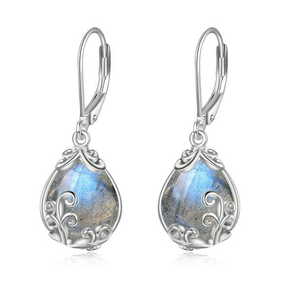 Labradorite Filigree Teardrop Drop Dangle Earrings Sterling Silver Leverback Earrings