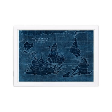 Wynwood Studio 'Upside-Down Map of the World' Maps and Flags Framed Wall Art Print - Blue
