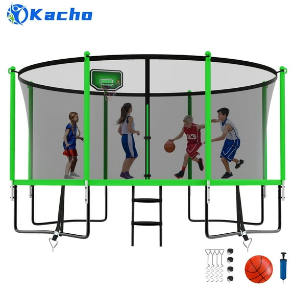 Kacho Trampoline 12FT, Trampoline with Enclosure Net, Heavy Duty Trampoline for 5-6 Kids Adults, 1200LBS Trampoline with Basketball Hoop, Ladder, Outdoor Recreational Trampoline No Gap Design, Green