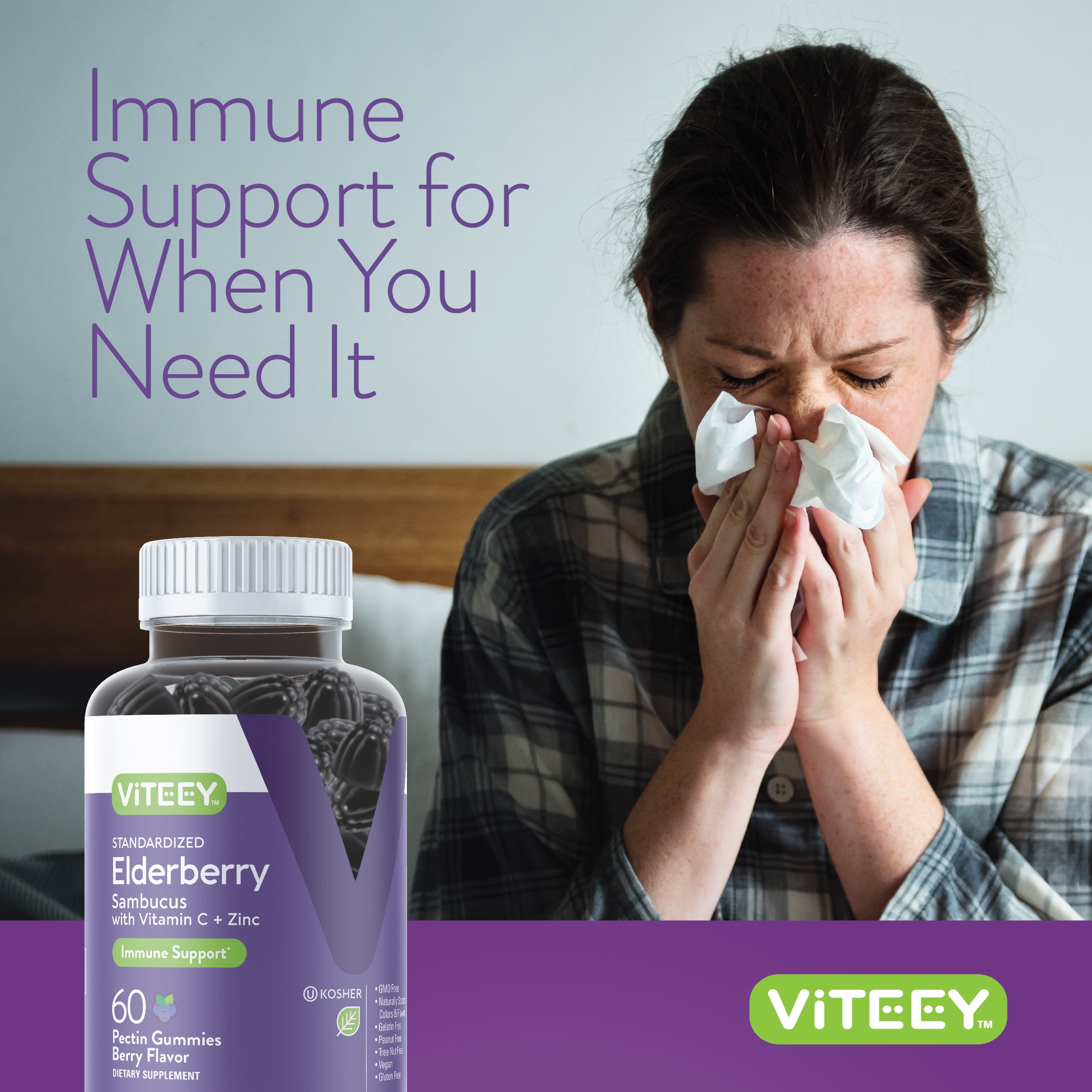 VITEEY Elderberry Gummies with Vitamin C and Zinc, Immune Support, Berry Flavor, 60 Count, 2 Pack