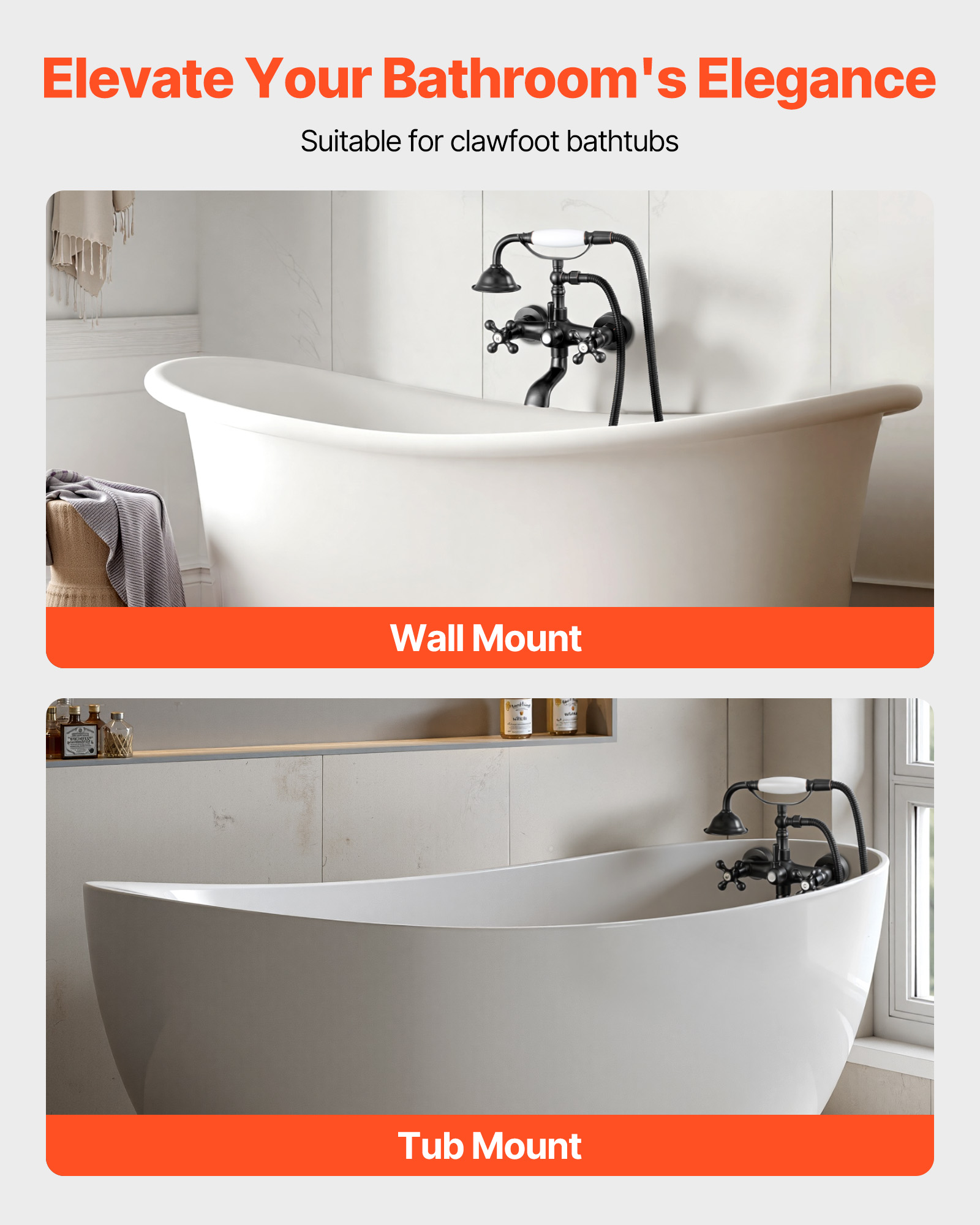VEVOR Clawfoot Tub Faucet,Wall Mount Bathtub Faucets with Handheld Shower,Vintage Oil-Rubbed Bronze Clawfoot Tub Filler Faucet Shower Kit with Adjustable Swing Arms & 360° Rotation Spout for Bathtubs