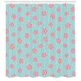 thumbnail image 3 of Floral Shower Curtain, Scattered Rain Drops and Cherry Blossom Flowers on Aquatic Background, Fabric Bathroom Set with Hooks, 69W X 84L Inches Extra Long, Seafoam Pink Pale Orange, by Ambesonne, 3 of 3