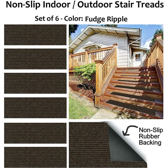Set of 6 Rubber Backed Non-Slip 1/4" Thick Heavy Duty Indoor/Outdoor Carpet Stair Treads. Many Sizes Available (Color: Brown)