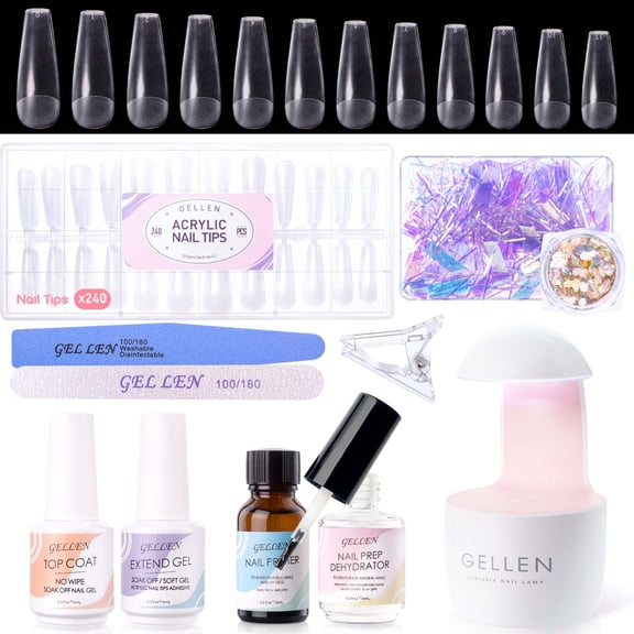 Gellen Gel Nail Kit, Nail Tips and Glue Gel Kit with Base & Top Coat & 5 In 1 Nail Glue Gel, 240Pcs Full Matte Coffin Fake Nails Tips and UV Nail Lamp, Fast False Nails Extension Manicure Set