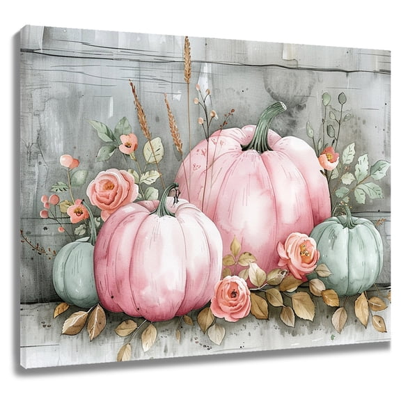 Fall Thanksgiving Wall Art Decor Watercolor Pink Pumpkin Floral on Rural Gray Wood Boards Wall Art Autumn Thanksgiving Wall Art Framed for Kitchen Bedroom Living Room Easy to Hang,10x8 Inches
