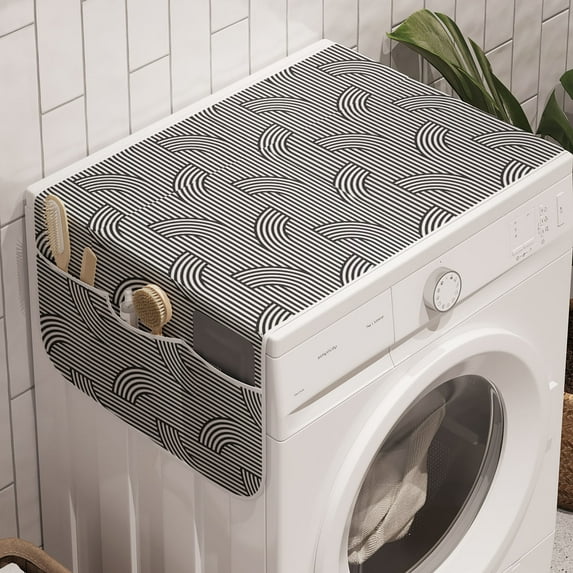 Abstract Washing Machine Organizer, Contemporary Composition of Vertical Stripes and Oval Curves in Monotone, Anti-slip Fabric Top Cover for Washer and Dryer, Dark Grey and White, by Ambesonne