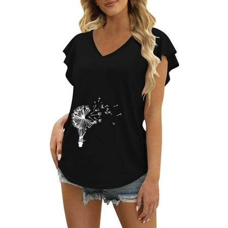 

koaiezne Womens Tops Summer V Neck Ruffle Short Sleeve Tunic Top Casual Flowy Shirts Plain Cotton T Shirts for Women Scrub Undershirts Long Sleeve Women