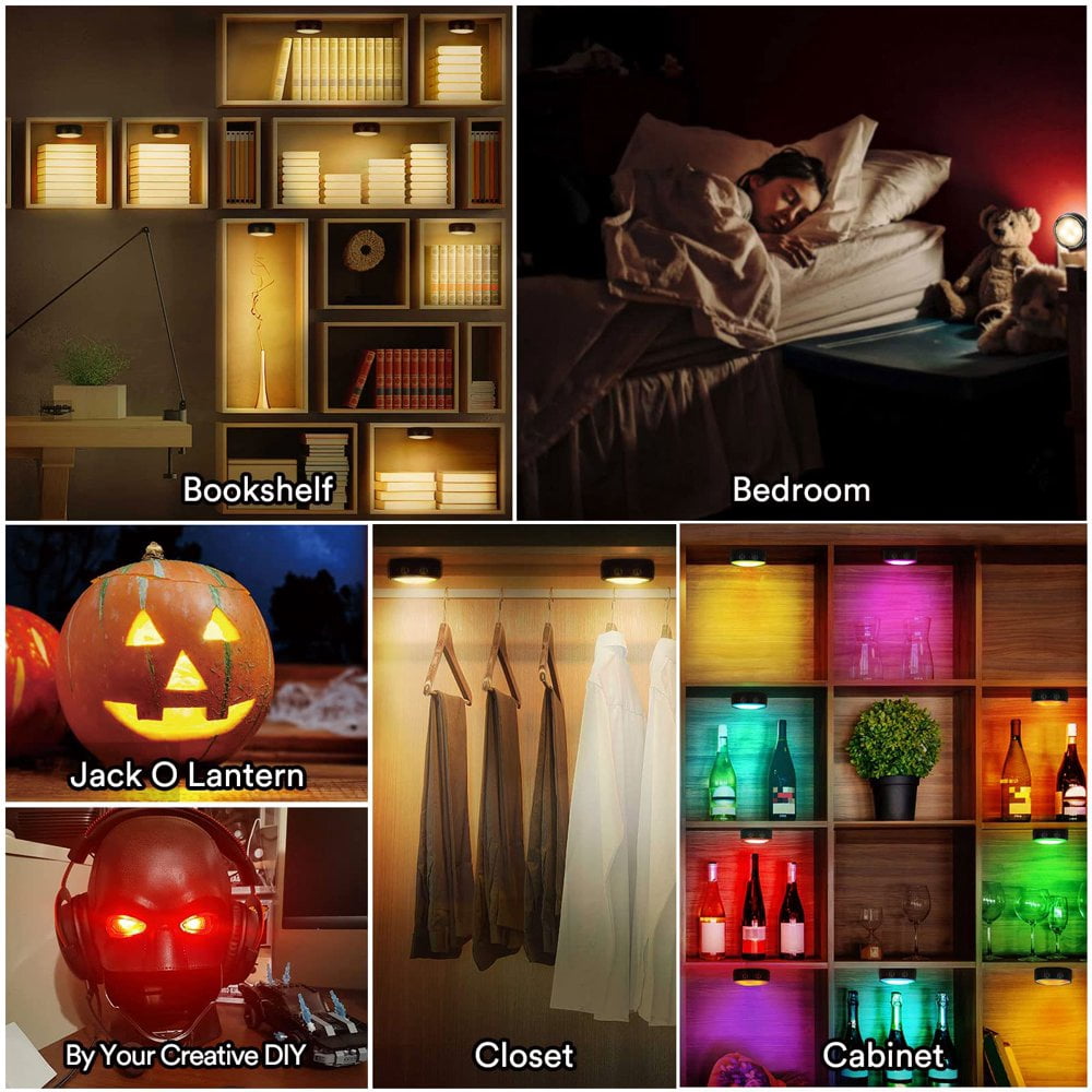 OUSITAID LED Puck Lights Battery Operated LED Under Cabinet Lighting Wireless Stick on Tap Lights with Remote Controll Color Changing Timer Function for Cabinets  Shelves  Closets - 6Pack
