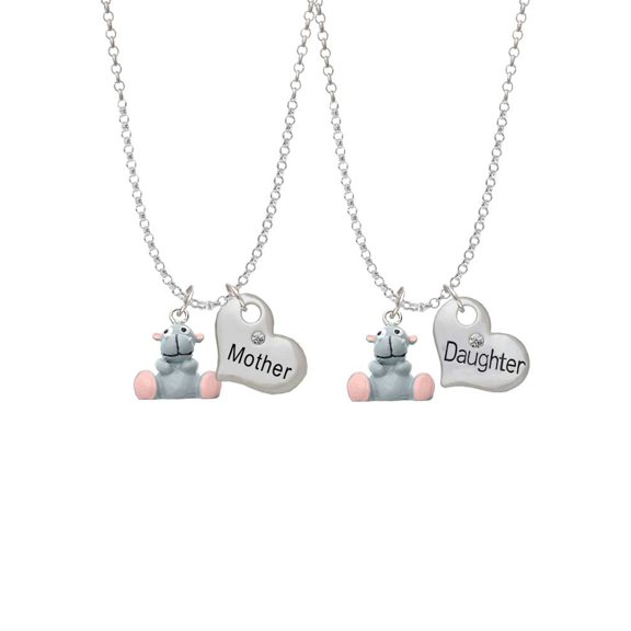 Delight Jewelry Resin Grey Hippopotamus Honey Mother & Daughter Heart Necklaces (Set of 2), 19" 2"