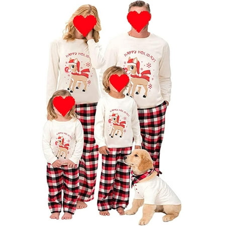 

Family Christmas Matching Pajamas Sets Christmas Matching Jammies for Family Long Sleeve Deer Letter Print T-Shirt + Plaid Pants Set