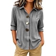 thumbnail image 2 of Womens Plus Size Tops Cotton Linen 3/4 Sleeve Shirts for Women Button Down Plaid Printed Lapel Loose Summer Fall Top S-4XL, 2 of 5