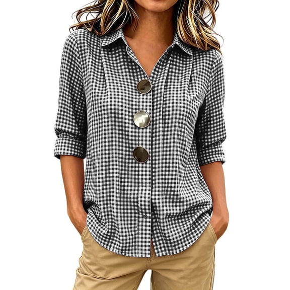 hoksml Women Gingham Collared Long Sleeve Shirt Cotton Linen Big Decorative Button Loose Plaid Blouse for Office Daily Travel