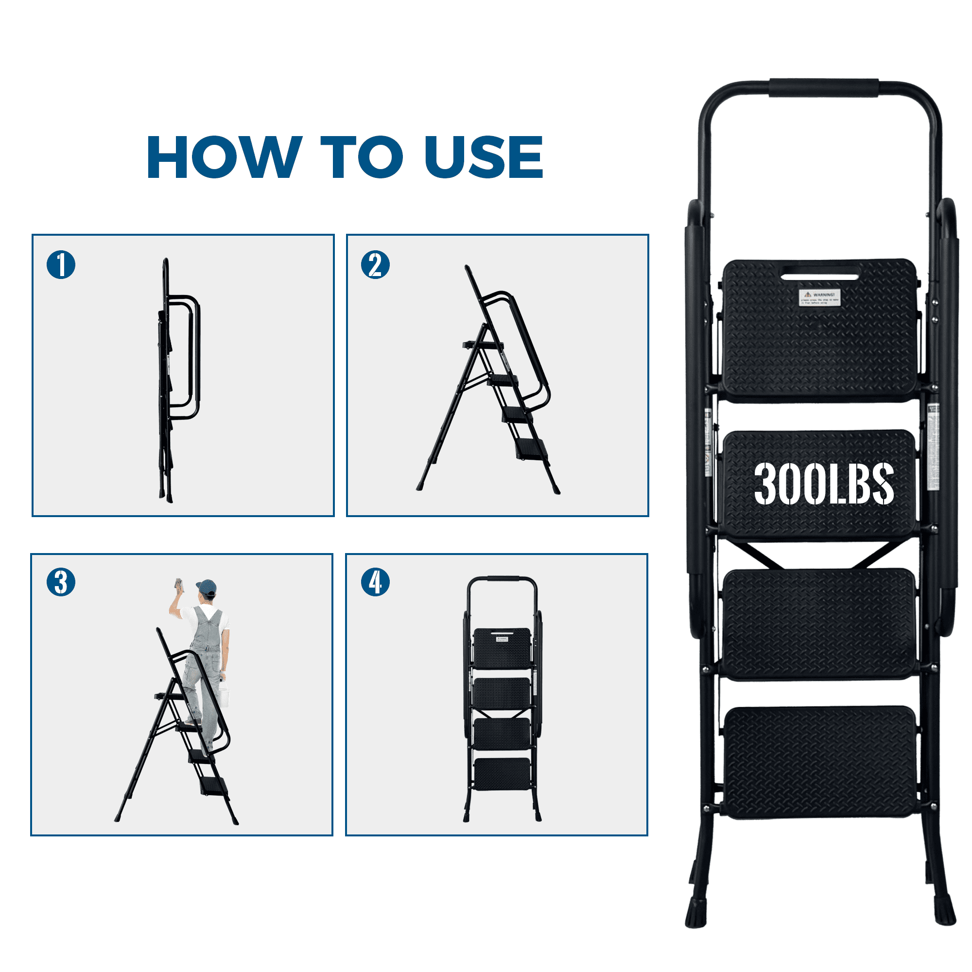 Leumius 4 Step Ladder with Handrails, Folding Step Stool with Wide Anti-Slip Pedal,Lightweight Portable Ladder for Home Kitchen Pantry Office, Black