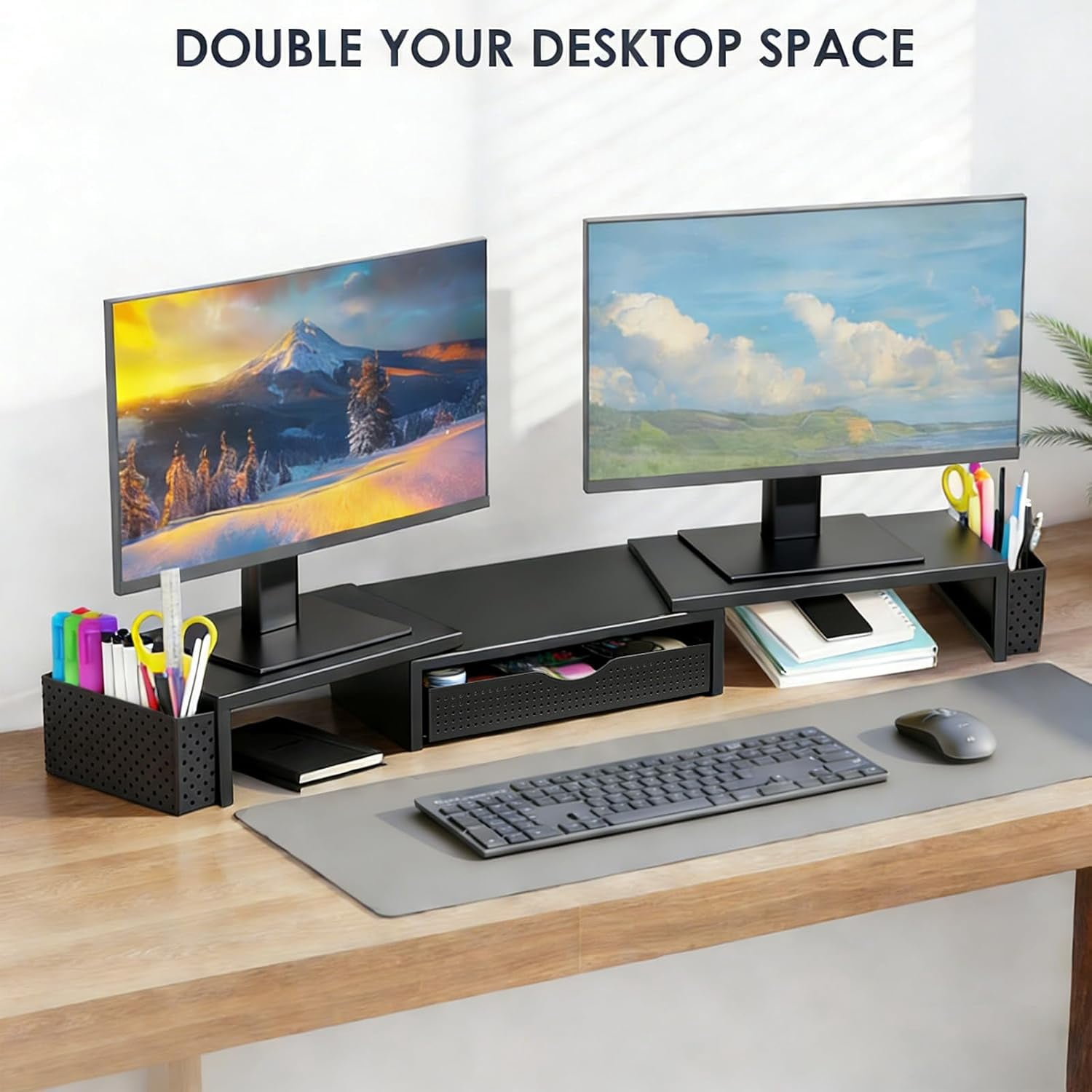 Metal Desk Organizers and Accessories, Dual Monitor Stand Riser with Drawer and 2 Pen Holders, Desk Accessories & Workspace Desktop Organizers for Office Supplies (Dark Gree)