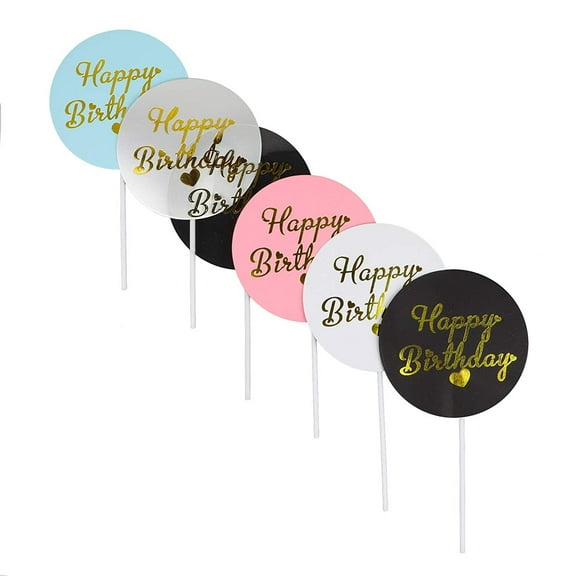 O'Creme Script-Happy-Birthday-with-Heart-on-Assorted-Color-Circles Cake-Topper Set, Total 18 Pieces