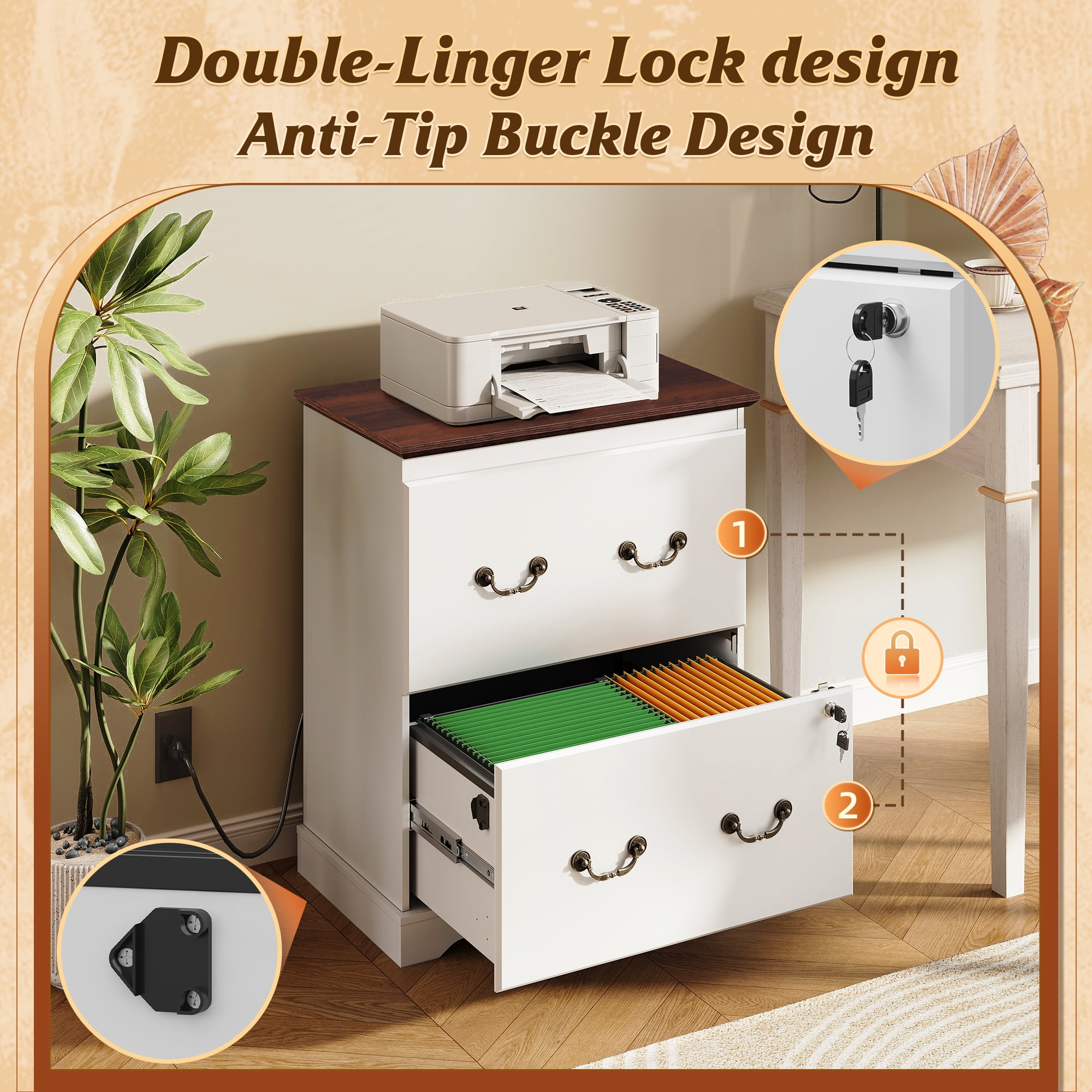 GALAXHERO 2 Drawer File Cabinet with Lock, Wood Farmhouse Lateral Filing Cabinet Fits Letter/Legal/A4 Size, Printer Stand with Charging Station for Home Office, White
