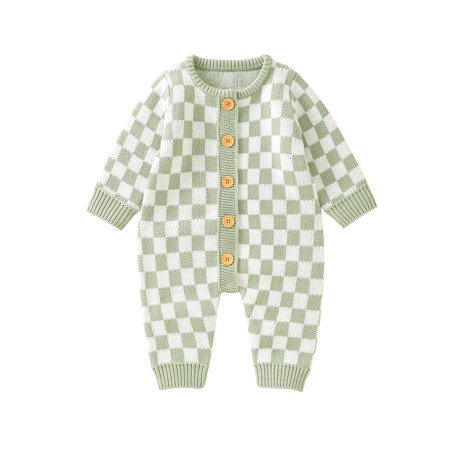 

Baby Girl Boy Jumpsuit Checkerboard Long Sleeve Button Up Rompers