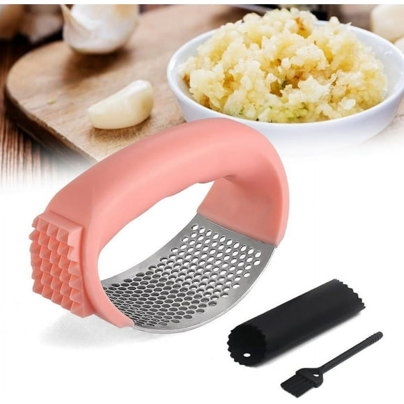 EGNMCR Upgrade Stainless Steel Garlic Presser Garlic Press Rocker Garlic Mincer Garlic Crusher With Peeler And Cleaning Brush Stainless Steel Garlic Mincer A cutting