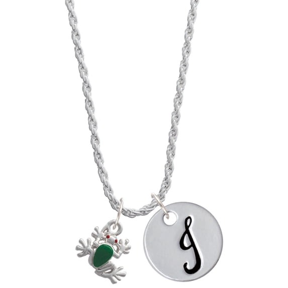 Delight Jewelry Silvertone Mini Green Tree Frog Silvertone Script Initial Disc - J - Charm Necklace, 20"+3"