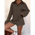 thumbnail image 4 of Women's Striped Knit Collared Long Sleeve Top and Shorts Two-Piece Outfit Set Brown M, 4 of 9