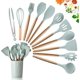 thumbnail image 1 of Utensilios de cocina de silicona 11 piezas con mango de madera verde claro, 1 of 5