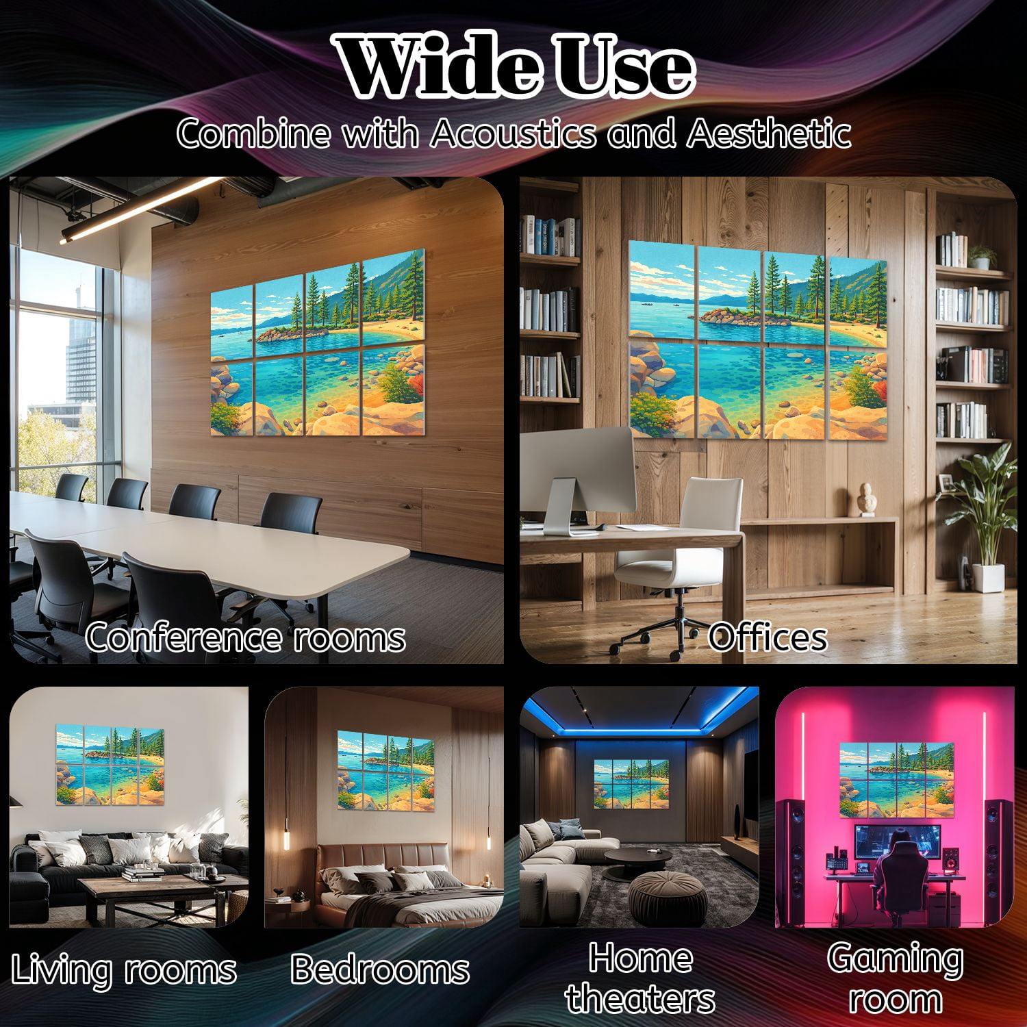 8 Pack Art Acoustic Panels Sound Absorbing Lake Tahoe Summer California Decorative Soundproof Wall Panels Self Adhesive for Nursery Game Room Bedroom 48"x32"