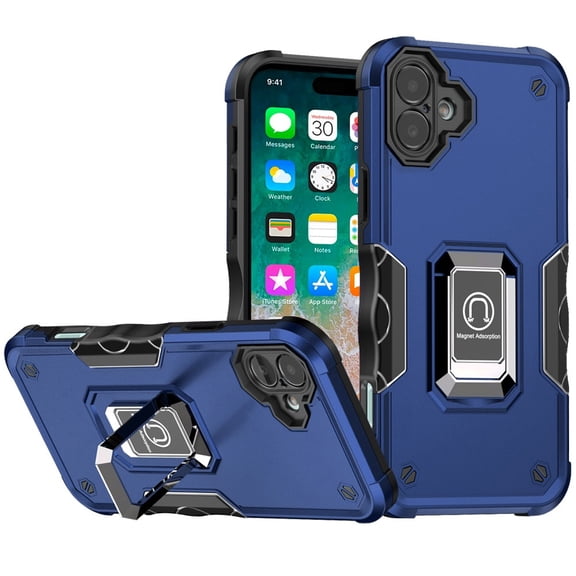 TJS for iPhone 16 Plus Phone Case, [Military Grade] Heavy Duty Magnetic Support Ring Kickstand Cover (Blue)