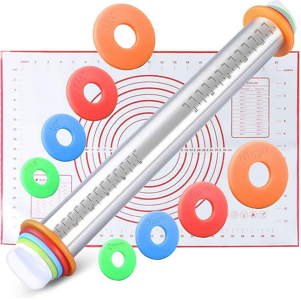 Adjustable Rolling Pin With Thickness Rings And Pastry Mat Set For