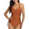 Women Swimsuit Drawstring Bathing Suit Solid Color V Neck Swimwear, Orange, XL