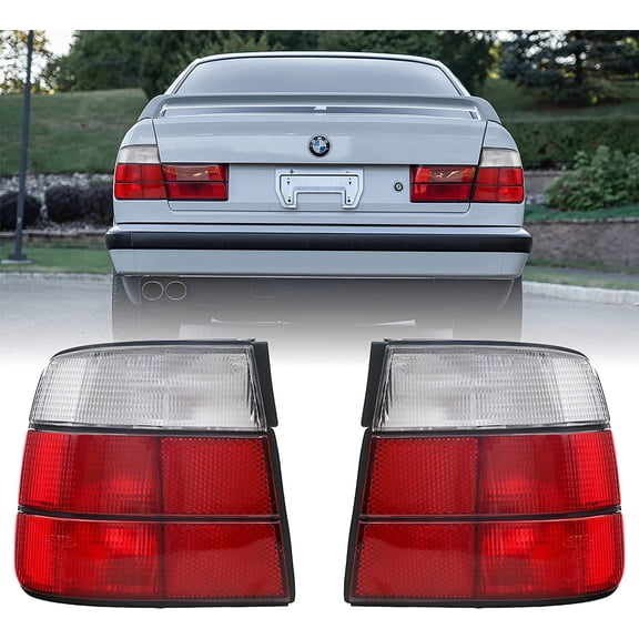 USR DEPO 89-96 E34 Tail Lights - Rear Tail Lamps (Left   Right) Compatible with 1989-1996 BMW E34 5 Series 4 Doors Sedan (Outer 2 Pieces, Euro Style Red / Clear Lens)