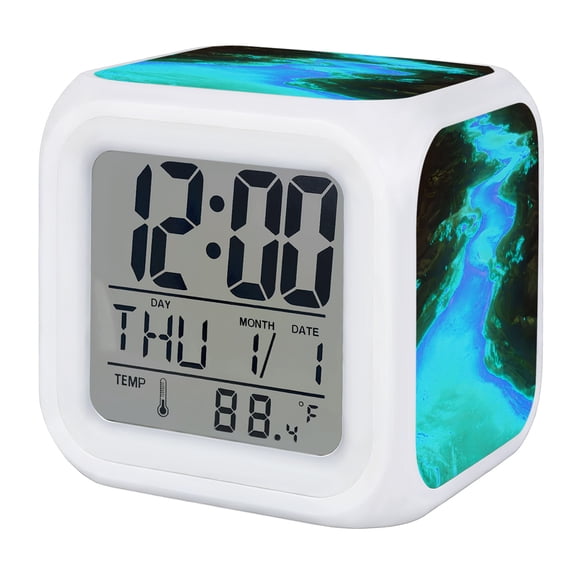 Blue River Digital Alarm Clock for Bedrooms,Smart LED Alarm Clock with 7 Color Changing Night Light,Farmhouse Turquoise Cyan Liquid Nature Scene Silent Wake Up Clocks for Sleep Study 3.2"x3.2"