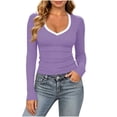 thumbnail image 4 of Women's Contrast Trim V‑Neck Long Sleeve Tops, Ribbed Knit Fitted Casual Shirts,M,Women's Plus Size, 4 of 8