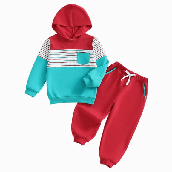 TOWED22 Toddler Baby Boy Clothes Color Block Hooded Sweatshirt Pullover Jogger Pants 2Pcs Fall Winter Sweatsuit Outfit,Red,2-3 Y