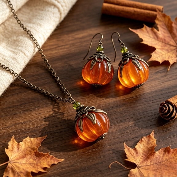 Autumn‑Vibe Pumpkin‑Shaped Earring & Necklace Jewelry Set, Vintage Fall‑Themed Accessories, Exquisite Pumpkin Pendant Necklace & Dangle Earrings for Daily Wear, Holiday Gift Choice