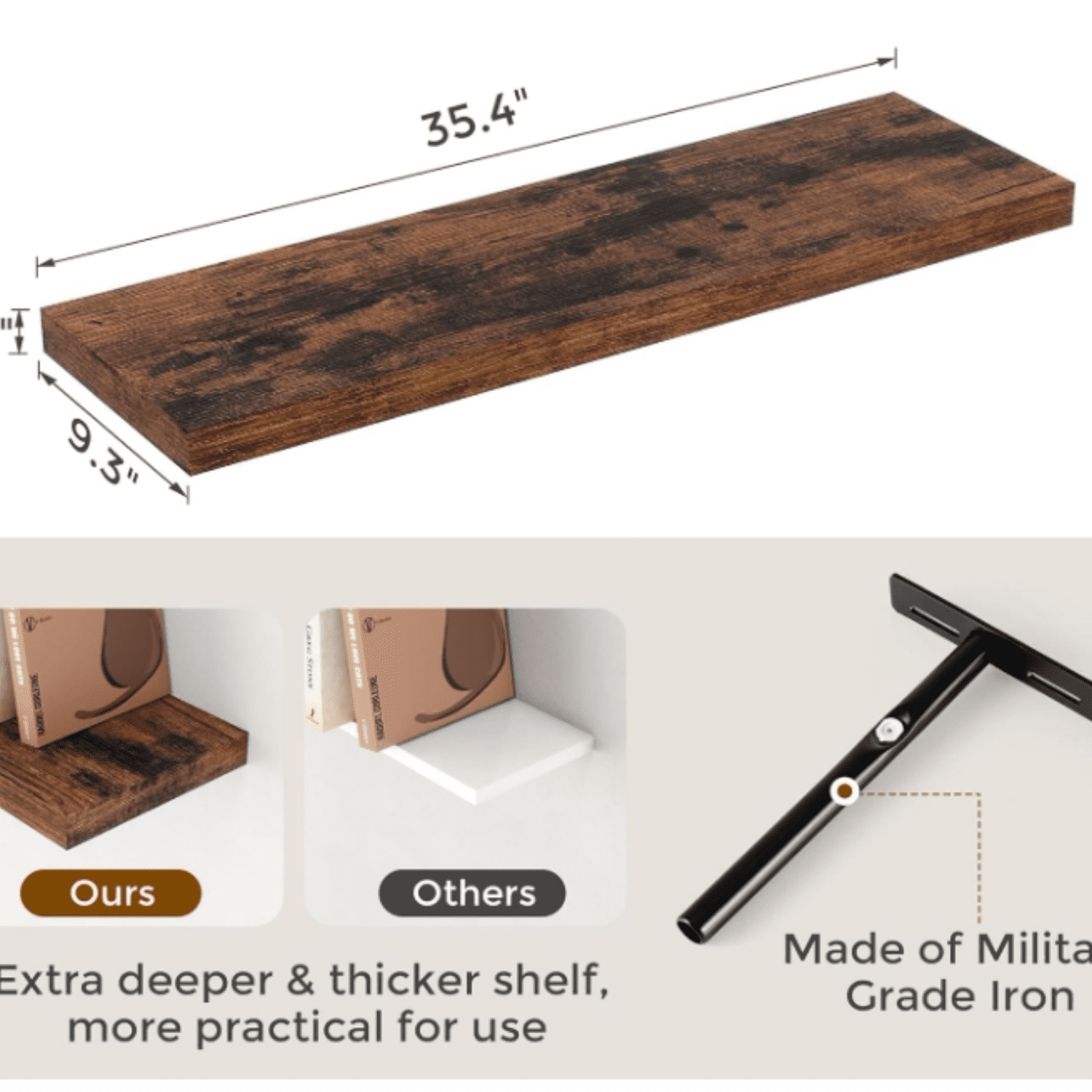 Floating Shelves for Wall, Wood Floating Shelf 36 Inch Long, Large Deep Wall Shelves for Home Decor & Storage, Rustic Deep Shelf for Living Room, Bedroom, Kitchen, Rustic Brown Color