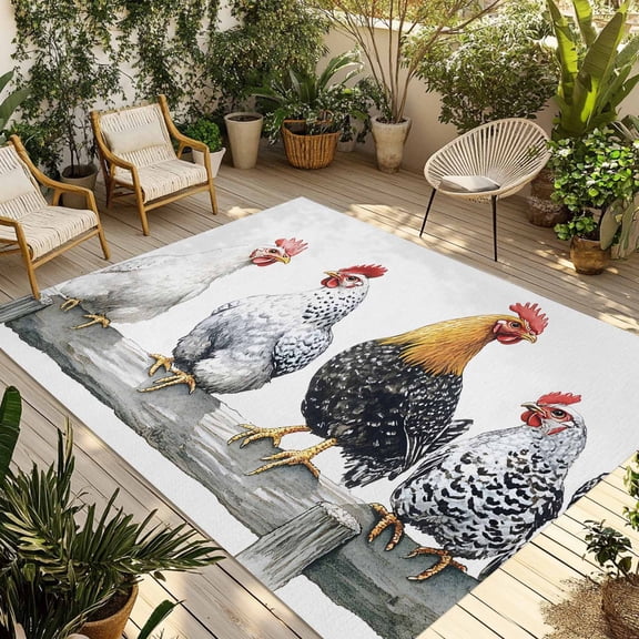 Fsddascl Rustic Rooster Outdoor Rug for Patio/Deck/Porch, Non-Slip Large Area Rug 4 x 6 Ft, White Chicken Country Indoor Outdoor Rugs Washable Area Rugs, Reversible Camping Rug Carpet Runner