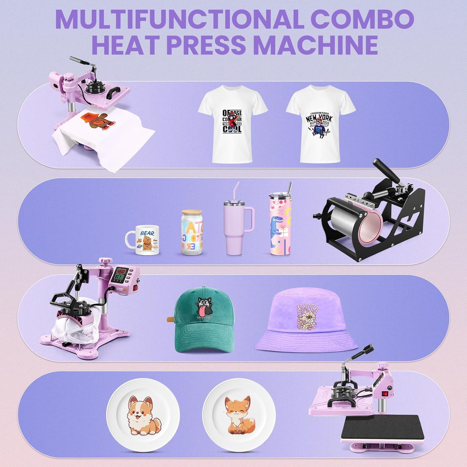 Adnoom 5 in 1 Heat Press Machine Combo,360°Swing Away Sublimation Heat Transfer 15"x12", Digital shirt Press Machine for Hat Cap Mug Plate,Pink Purple