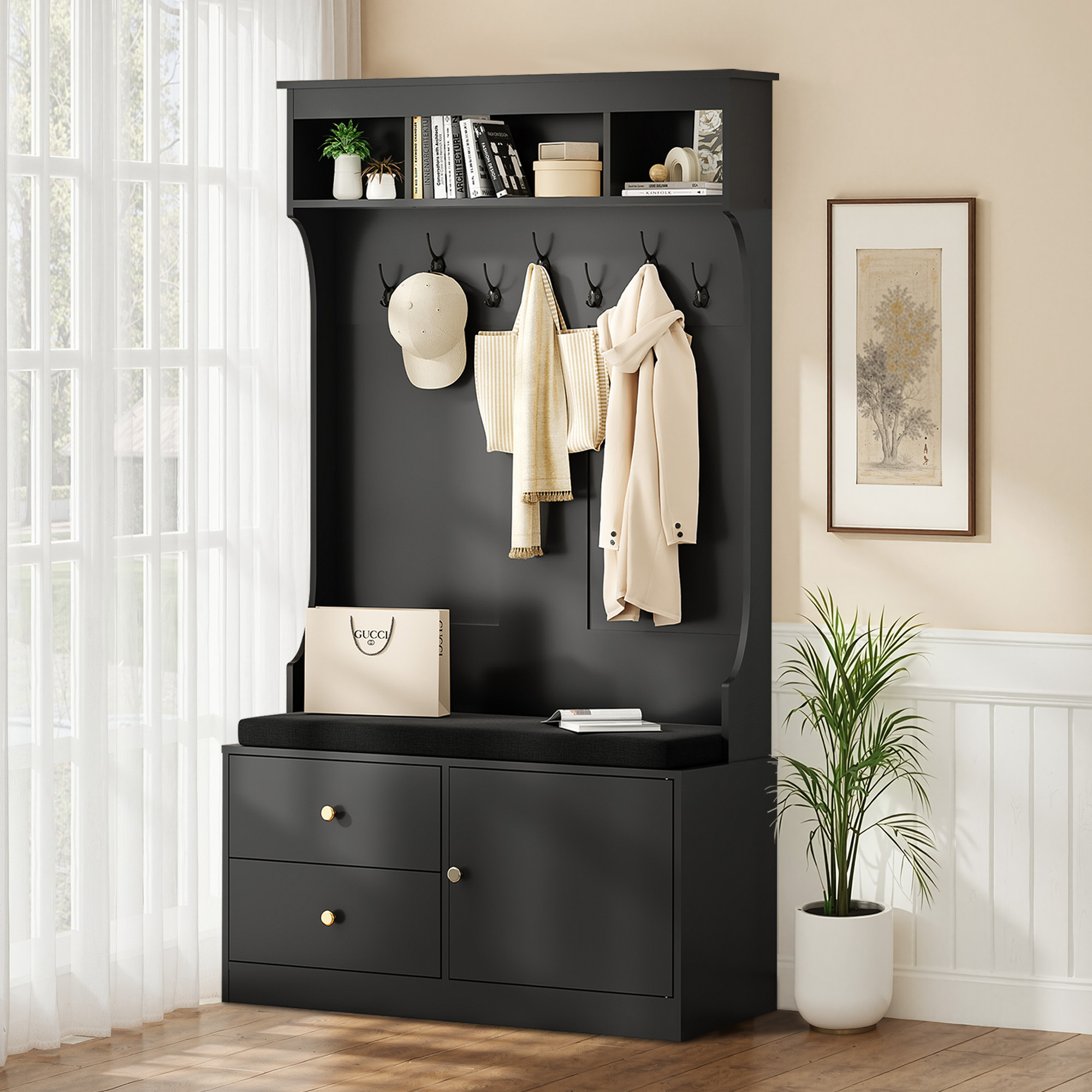 MAYEERTY White 71" 6-in-1 Farmhouse Hall Tree with Shoe Storage, 7 Hooks & Mudroom Bench for Entryway