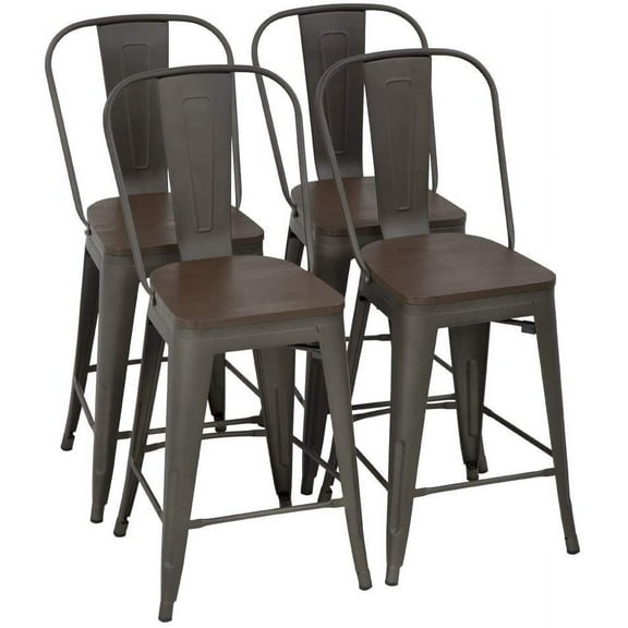 FDW 24" Bronze Metal Modern Indoor/Outdoor Dining/Kitchen High Back Wooden Seat Chair Set of 4